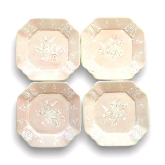 4 Tracy Porter Salad Dessert Plates Light Peach Pink Flowers White Swirls 8” - Picture 1 of 5